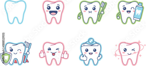Set of Cute Cartoon Tooth Characters, Kawaii Dental Care Icons with Toothbrush and Paste for Pediatric Dentistry Branding