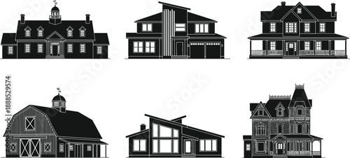 House building silhouettes collection showing modern, farmhouse and classic architecture styles, black vector home icons set isolated on white background