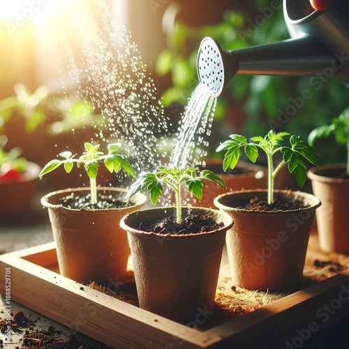 Seedlings getting watered with a watering can in sunlight on a wooden tray, indoors