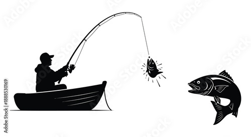 A fisherman in a small boat reels in a large fish with a second fish jumping nearby presented as a silhouette