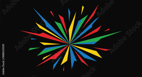 Colorful abstract explosion of geometric shapes on a black background, representing energy, creativity, and celebration