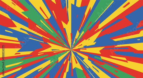 Vibrant abstract explosion of primary colors radiating from a central point, dynamic geometric pattern, modern graphic design