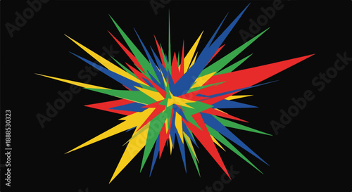 Explosion of colorful abstract shapes and lines radiating outwards on a black background