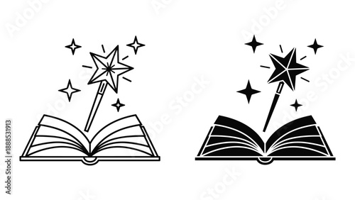 Magical book and wand with sparkles illustration