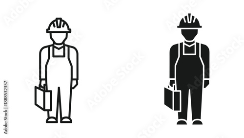 Construction worker icon set with hard hat and toolbox