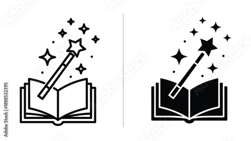 Magic wand over open book with sparkling stars