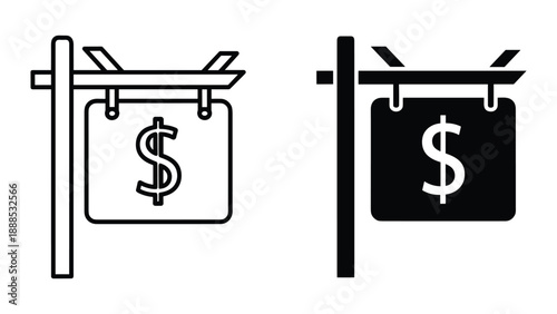 Dollar sign on signboard hanging from post