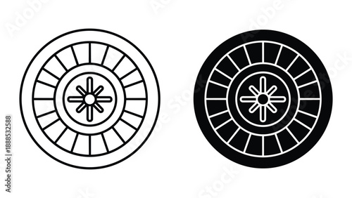 Simple black and white circular design with central flower motif