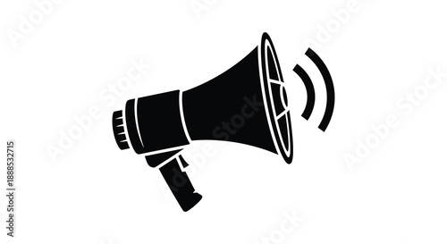 A stark black silhouette of a vintage megaphone emitting sound waves representing communication and announcement silhouette high quality professional detailed modern
