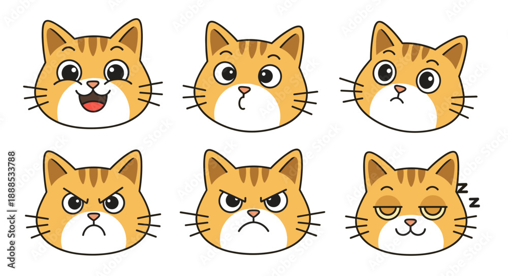 Fototapeta premium Collection of Six Adorable Ginger Cat Face Icons
