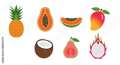 Vibrant tropical fruits vector illustration on white background
