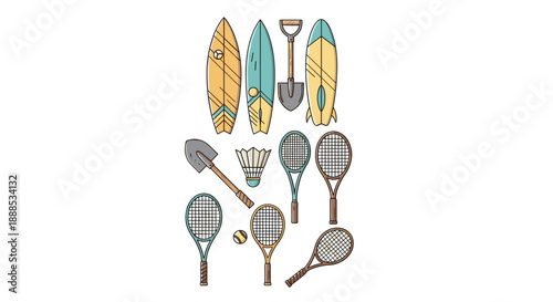 Set of summer sports gear with surfboards and rackets