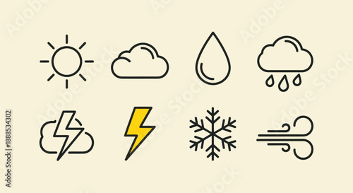 Weather icons set illustrating sun cloud rain snow and wind elements