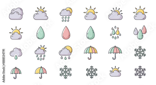 Weather icons set illustrating sun rain clouds and various climate conditions