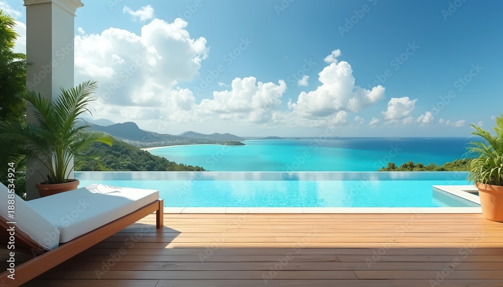 Fototapeta premium Luxury infinity pool overlooks tropical bay and rich green hills. A white lounger rests on wooden deck beside potted palm plant. Bright sunny day with blue sky.