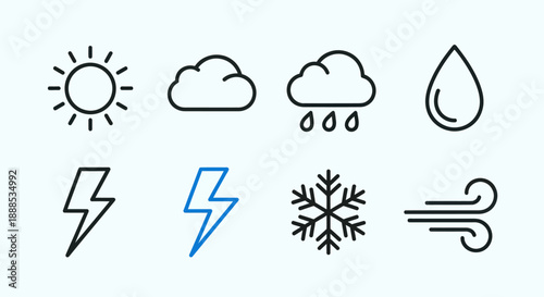 Weather icons sun cloud rain drop lightning snowflake wind isolated vector