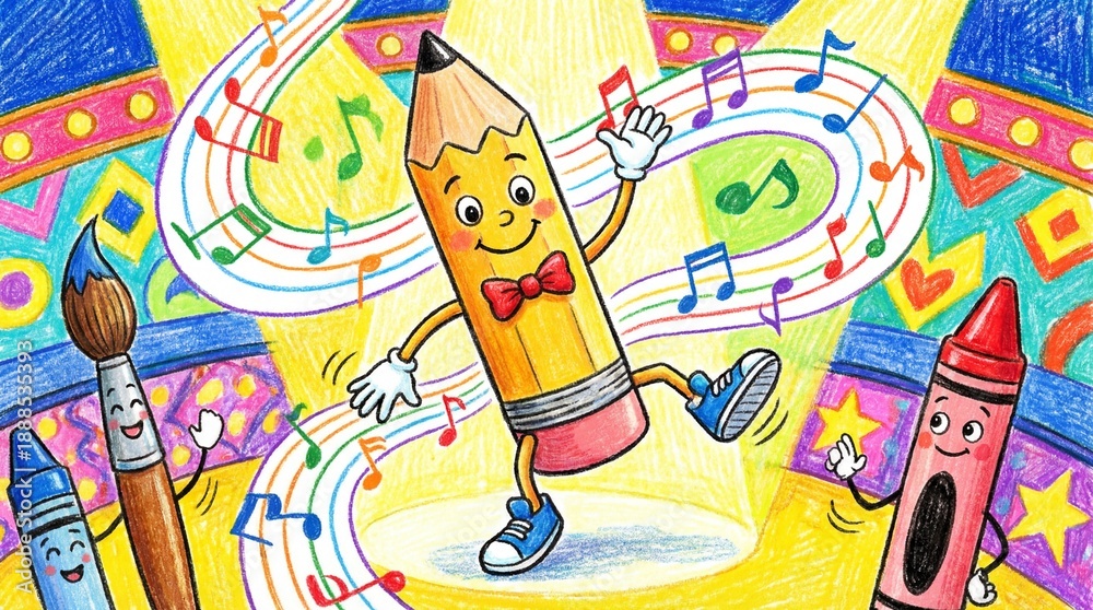 Obraz premium Pencil character dancing, colorful, kids style