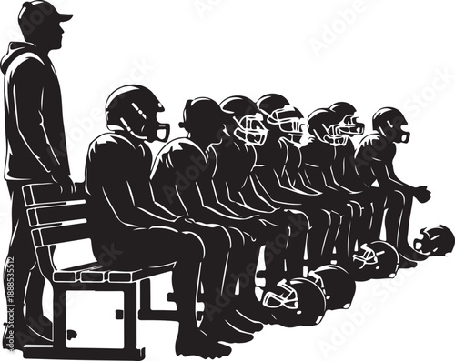 Silhouette of American football players sitting on the bench with their coach standing behind them , Generative Ai