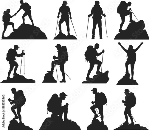 Black vector silhouettes of hikers climbing mountains, backpackers trekking with poles, mountain climbers reaching summit, and outdoor adventure lifestyle icons