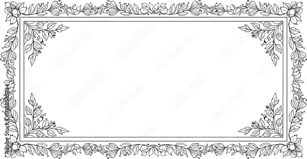 Obraz premium Vector illustration of rectangular floral border with symmetrical black line flowers and leaves on white background