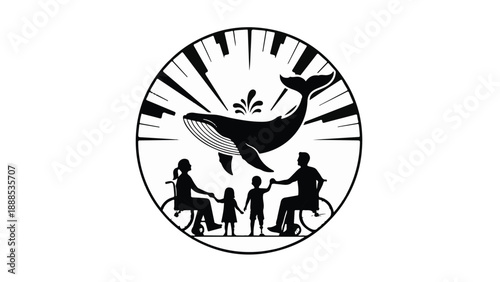 Whale's tail arches over a loving family with two adults in wheelchairs and two children, symbolizing hope and togetherness.