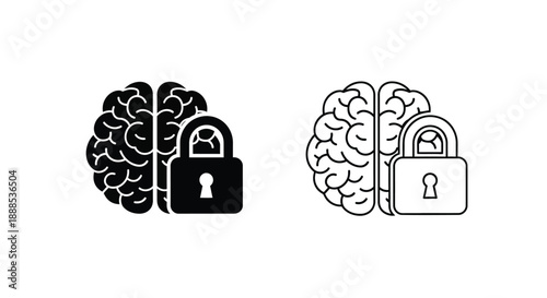 Two brain icons one locked and one unlocked in black and white silhouette
