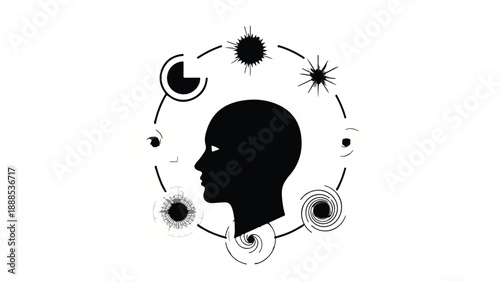Silhouette of a human head surrounded by abstract cosmic elements symbolizing thoughts and ideas