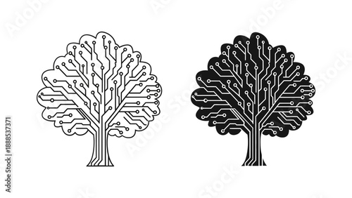 Tree made of electronic circuit board, representing technology, growth, digital network, artificial intelligence, or information system. Vector art.