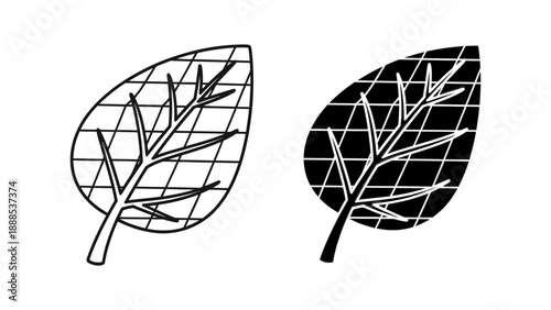 Leaf with grid pattern and veins, symbolizing nature, growth, environment, biology, or a sustainable energy source like solar power. Vector.