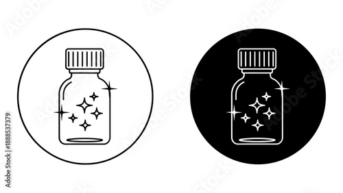 Bottle icon with sparkling stars, suggesting cleaning, freshness, and purity for liquids, medicine, or cosmetic products. Outline and solid fill versions.