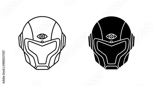 Futuristic robot helmet with an eye symbol, representing AI, robotics, surveillance, future technology, and cybernetics. Outline and silhouette.