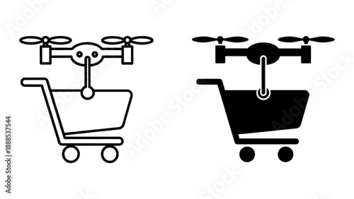 Drone delivery service icon: shopping cart with flying drone, representing fast online order fulfillment and modern logistics. Black and white vector illustration.