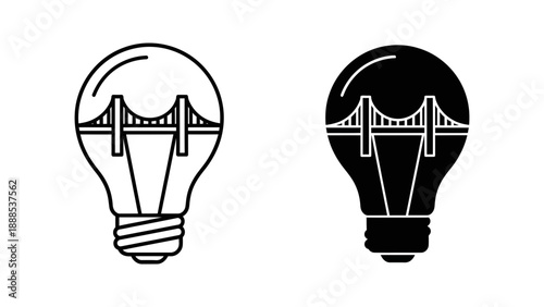 Light bulb with a bridge inside, representing connection, bridging ideas, or innovative solutions in outline and silhouette