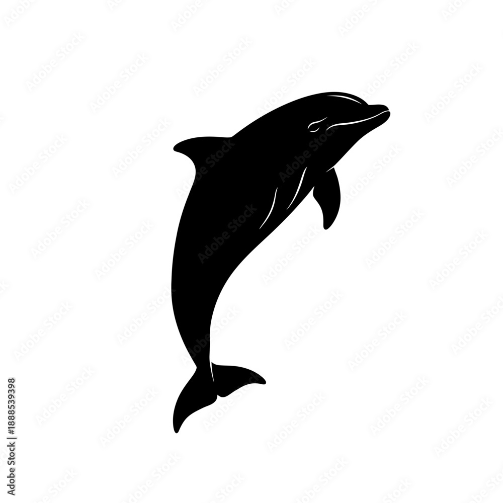 Fototapeta premium Silhouette of a playful bottlenose dolphin black vector shape on white background sea icon isolated