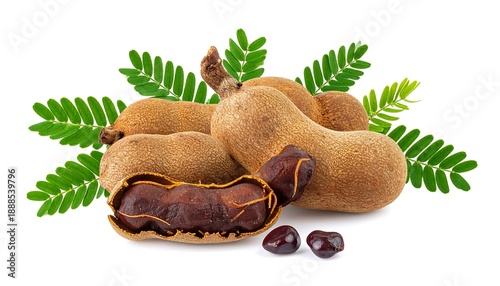 Brown, pod-like fruits with green leaves and a partially-opened pod