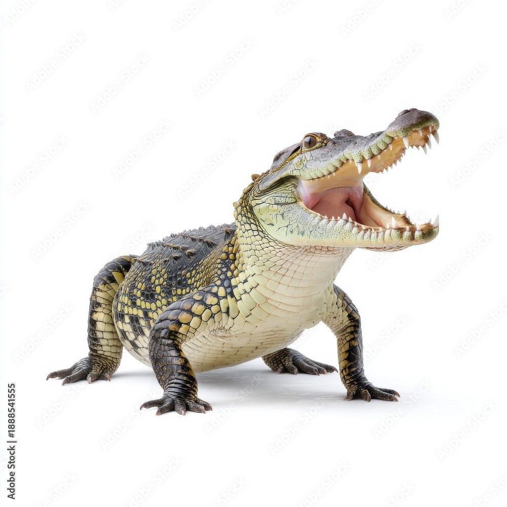Fototapeta premium Realistic detailed crocodile with open mouth displaying teeth in a bright studio background captured in high resolution