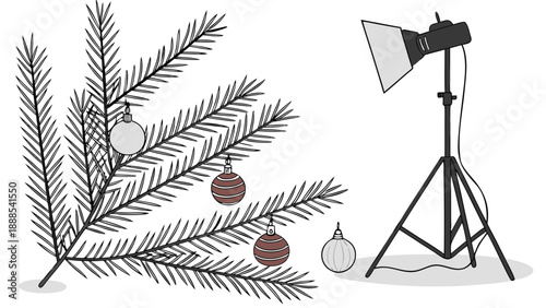 Christmas Tree Branch with Ornaments and Studio Lighting.
