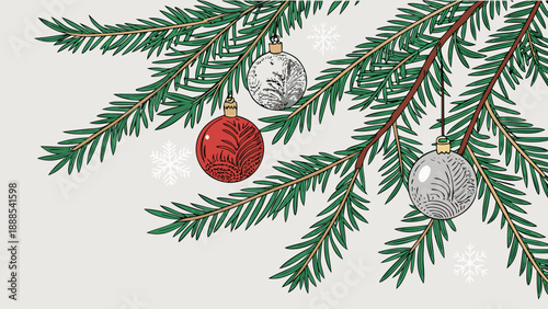 Christmas Tree Branch with Ornaments Illustration.