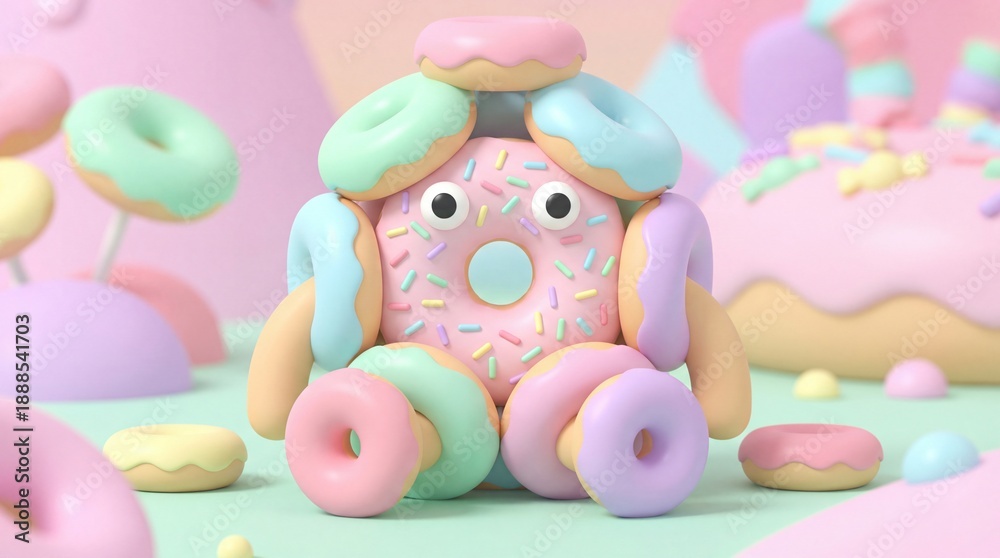 Fototapeta premium Cute donut monster, pastel colors, 3D render
