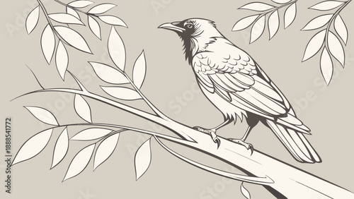 Detailed illustration of a crow perched on a branch.