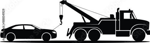 A black silhouette illustration of a tow truck preparing to haul a car on a clean white background