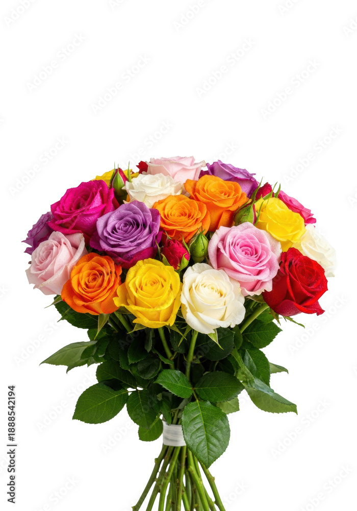 Naklejka premium a vibrant, tightly arranged bouquet of freshly cut roses in fuchsia, purple, red, and yellow, detailed with water droplets and green leaves, against a transparent studio background, conveying floral