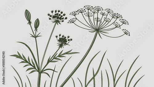 Elegant Botanical Illustration of Wildflowers and Grass.