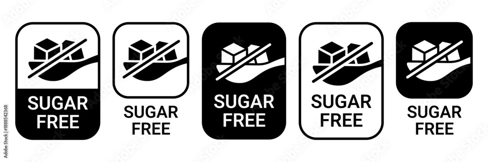 Obraz premium Sugar free icons. Zero sugar label. Set allergen free icons. No sugar. Sugar free logo, label, badge, sticker, symbol, sign, emblem, black, circle, line, vector, isolated illustration.