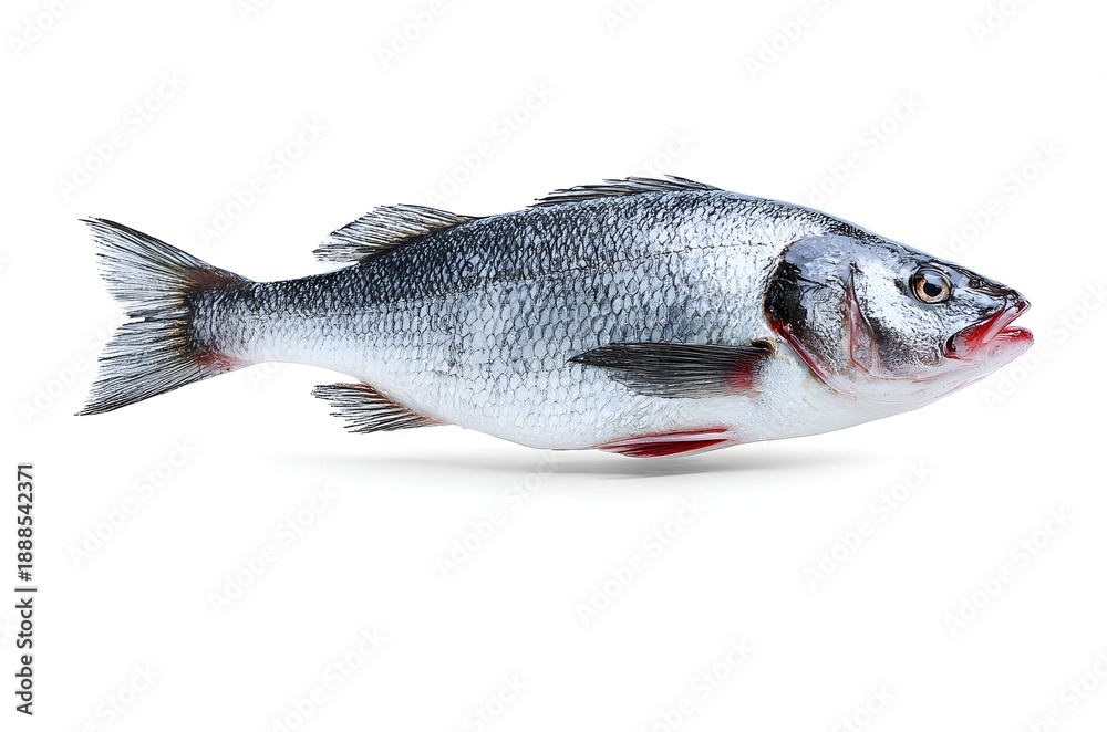 Obraz premium A large silver fish with black and red fins on a white background