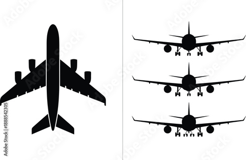 A collection of black airplane silhouettes includes one top view and three front facing aircraft