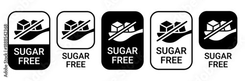 Sugar free icons. Zero sugar label. Set allergen free icons. No sugar. Sugar free logo, label, badge, sticker, symbol, sign, emblem, black, circle, line, vector, isolated illustration.