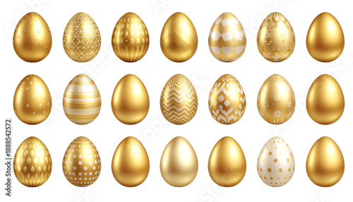 Golden Easter eggs arranged in rows with varying shades of gold and silver tones, creating a pattern of metallic luster pure white background cutout