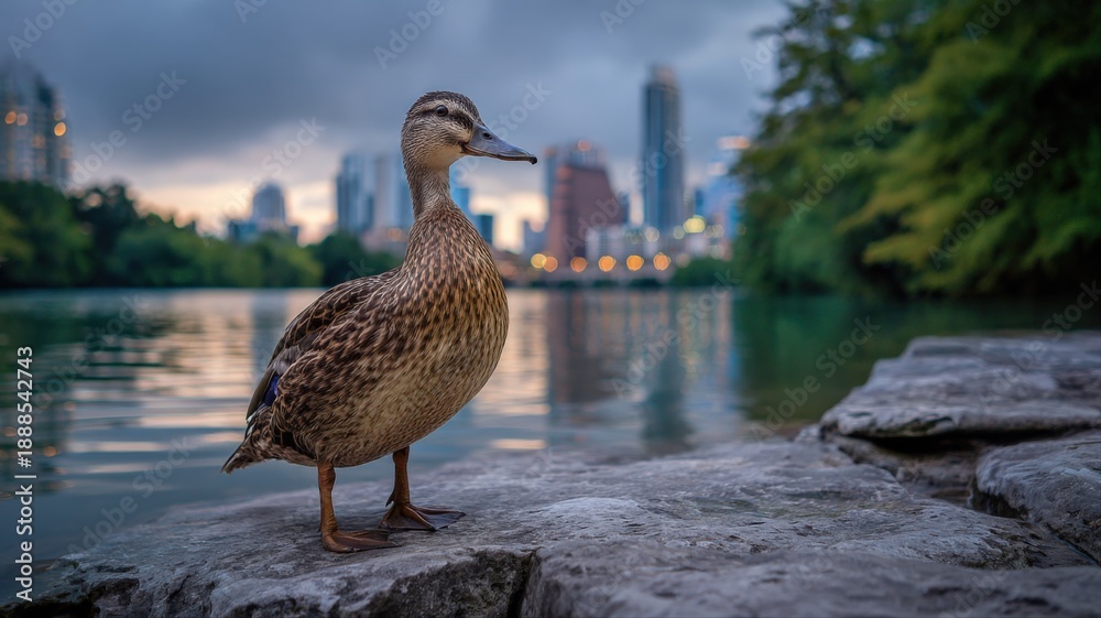 Fototapeta premium Duck on Rocks in Cityscape, featuring water, trees and architectural details