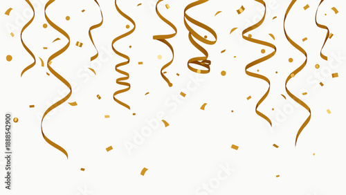 Festive Golden Confetti and Streamers on White Background.